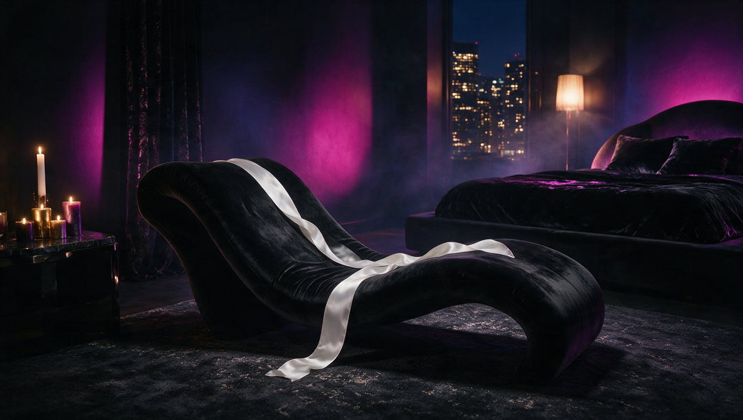 Fauteuil tantra noir dans une chambre luxueuse aux lumières violettes — guide BDSM couple débutant