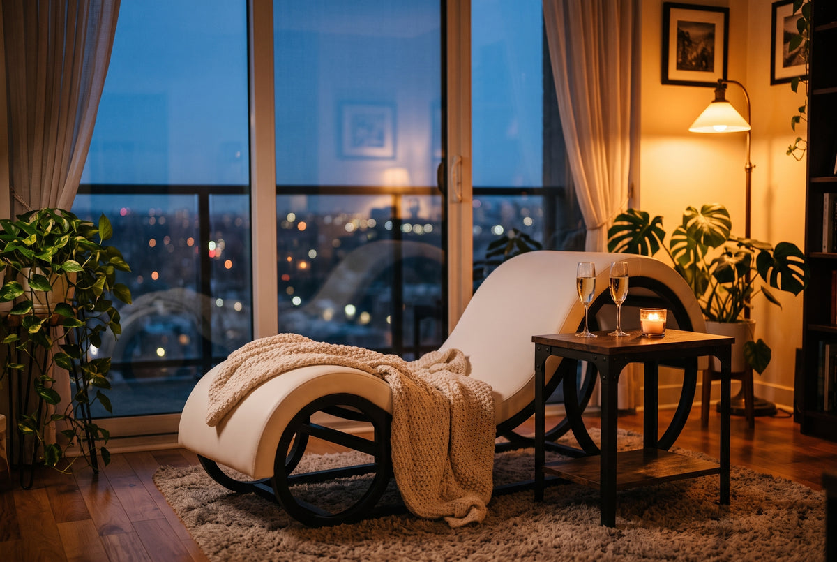 Coin cocooning au crépuscule avec fauteuil blanc et deux coupes de champagne